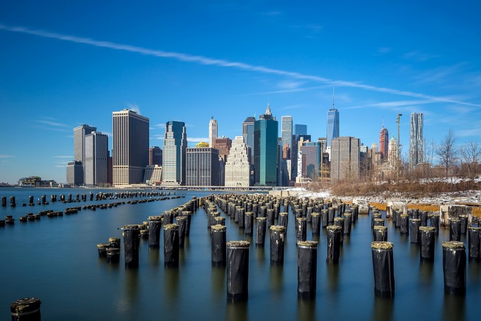 New York City skyline with piers in foreground