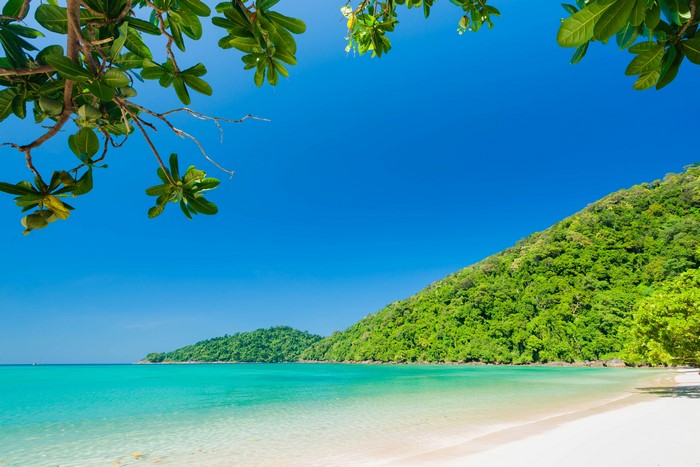 Tropical beach with green hills and clear blue water