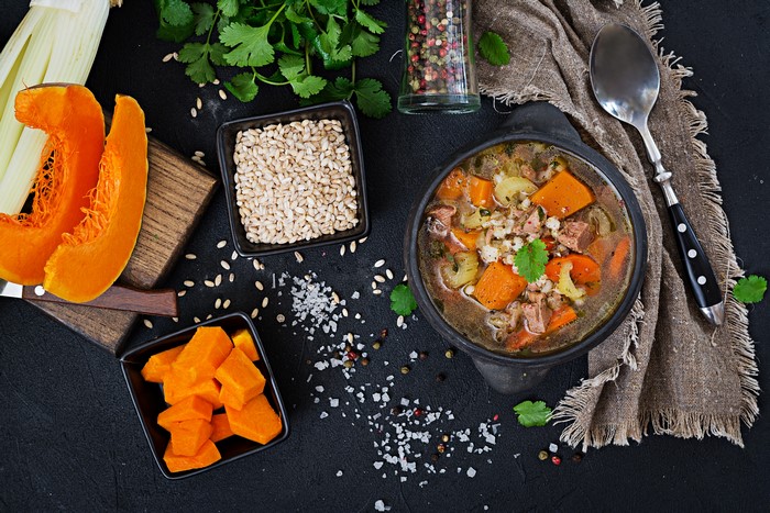 Pumpkin and Barley Soup with Spoon