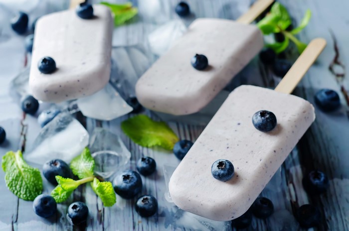 Blueberry Ice Cream Popsicles with Mint and Ice