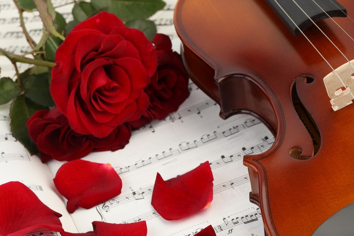 Red Roses and Violin on Sheet Music