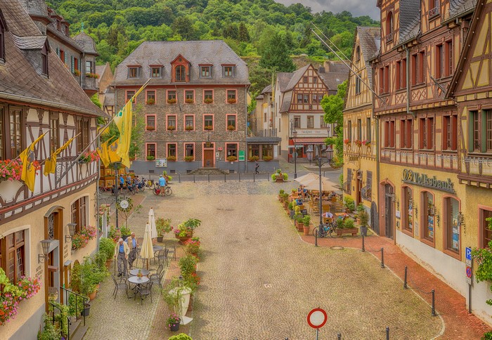 Oberwesel Germany Street with Houses and Flags