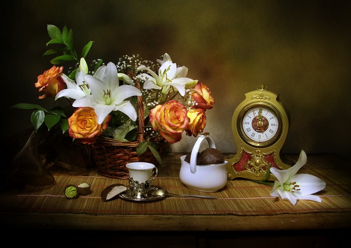 Still-life with Roses, Lilies, Clock, and Cup