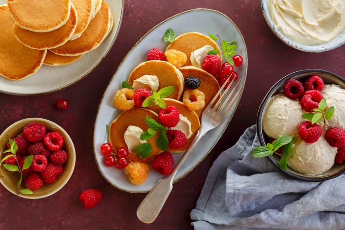 Pancakes with raspberries and ice cream