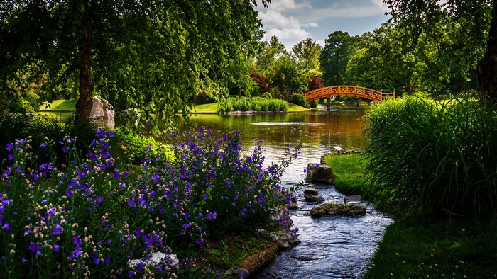 Missouri Botanical Garden with pond and bridge