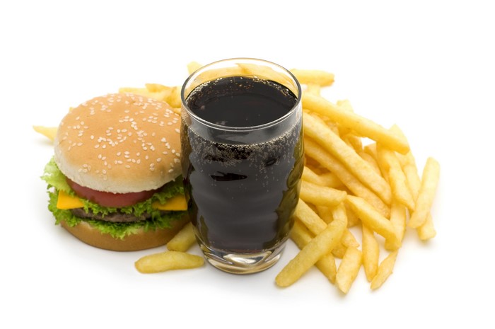 Hamburger, French Fries, and Soda in a Glass