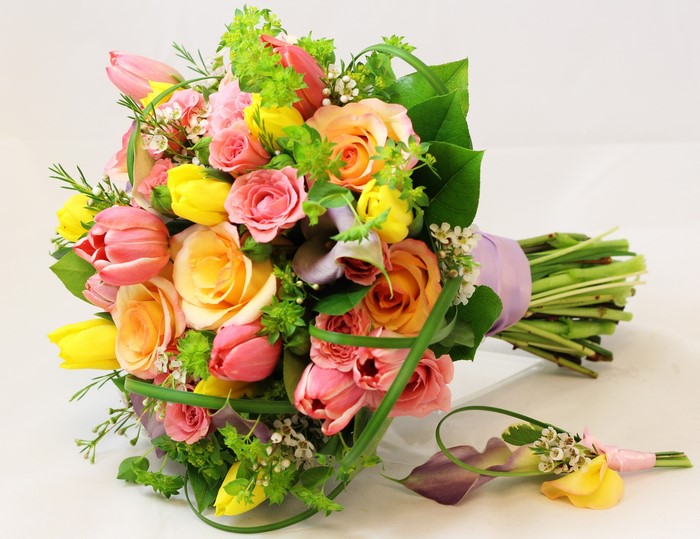 Bouquet of Roses, Callas, and Tulips with Boutonniere