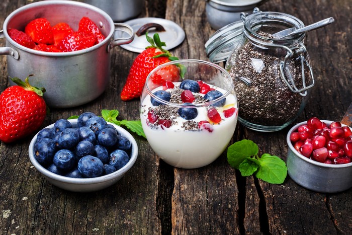 Yogurt with Strawberries, Blueberries, and Pomegranate