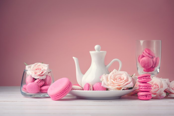Pink Macarons and Roses with White Teapot