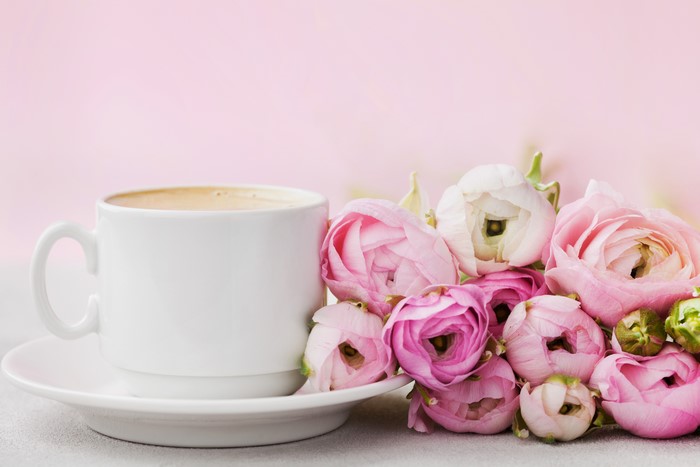 4K Ranunculus flowers and coffee cup