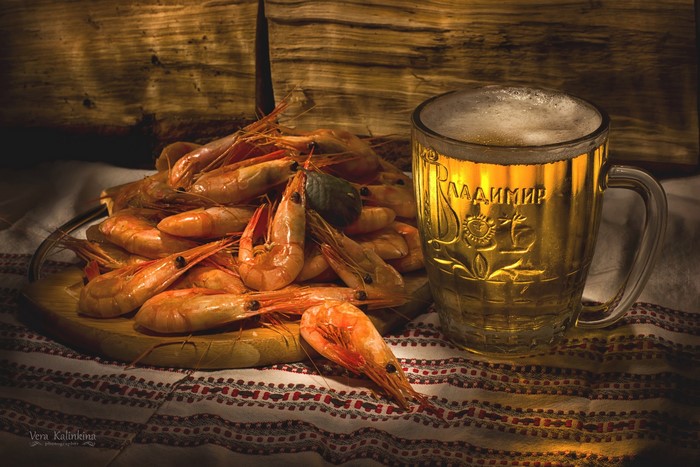 Beer and Shrimp on a Table