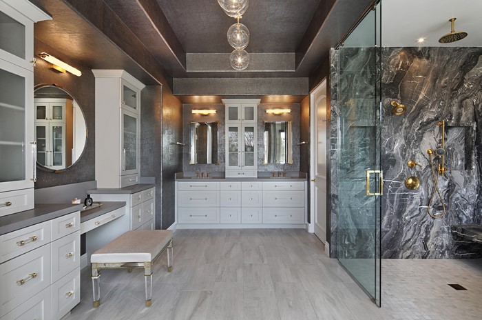 Luxury bathroom with marble shower and double vanity