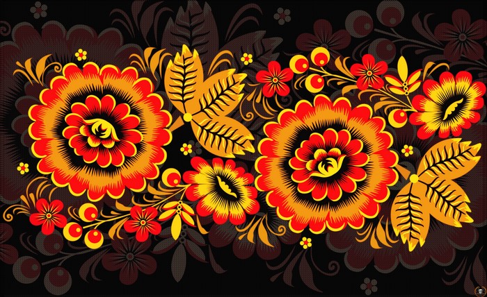 Khokhloma floral pattern with red and yellow flowers