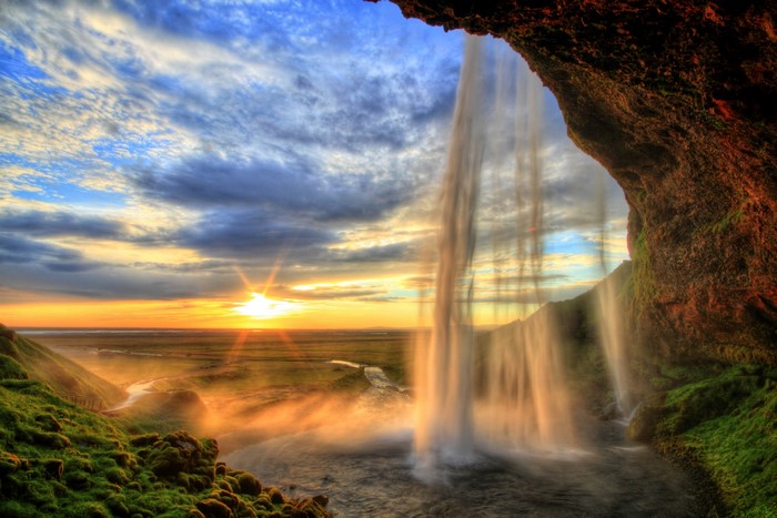 Seljalandsfoss waterfall in Iceland at sunset