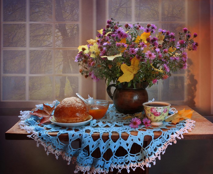 Still-life with asters, bun, jam, and coffee