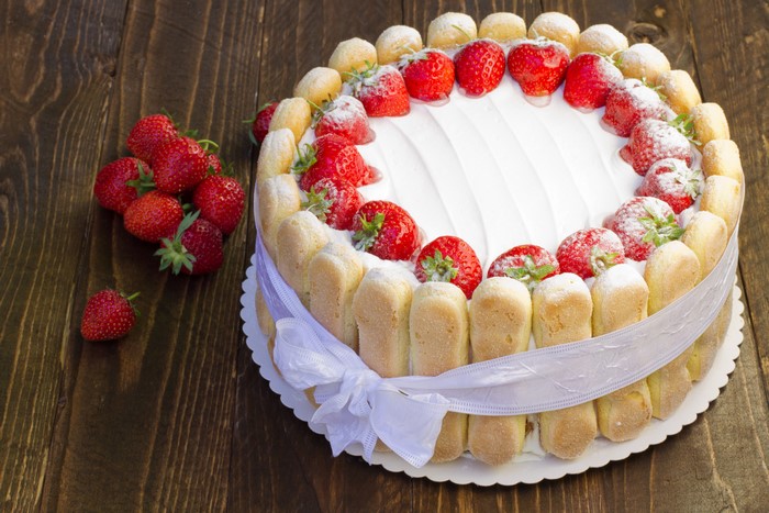 Strawberry Charlotte Cake with Ladyfingers and Ribbon