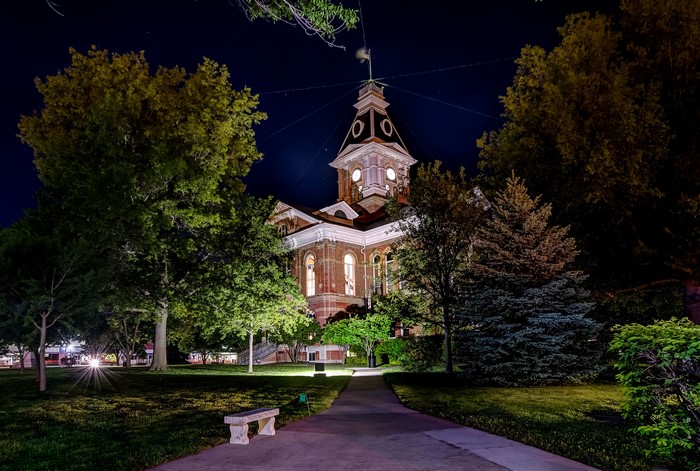 Courthouse at night in Clarinda, Iowa