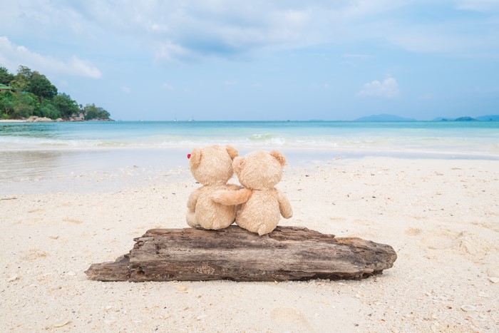 Two teddy bears hugging on a beach