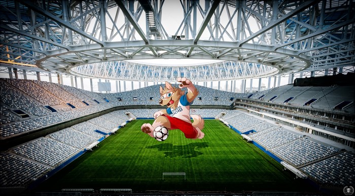 Zabivaka the Wolf Mascot playing soccer in a stadium