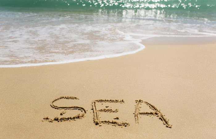 Sea written in sand with ocean waves