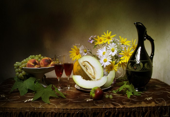 Still-life with fruits, flowers, and a jug