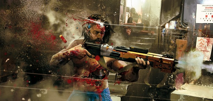 Cyborg firing a shotgun in Cyberpunk 2077 fan art