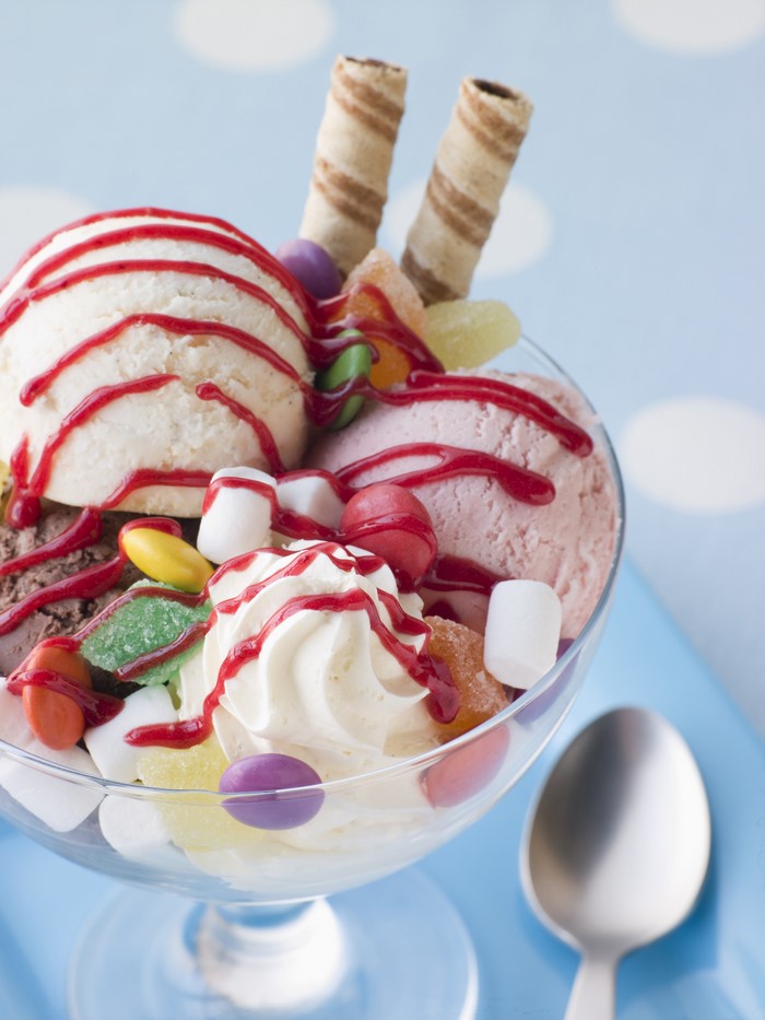Ice cream sundae with candy and wafers