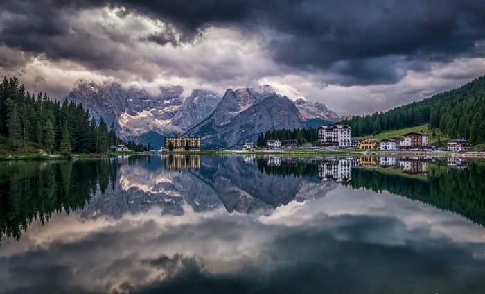Lake Misurina with Mountains and Buildings in Italy