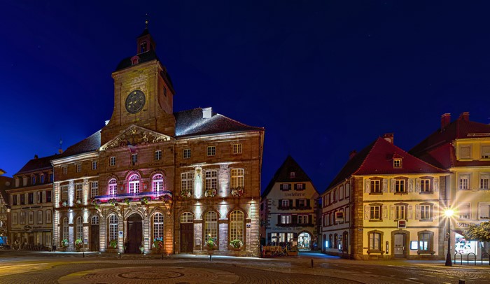 Town Hall and buildings at night in Wissembourg, France