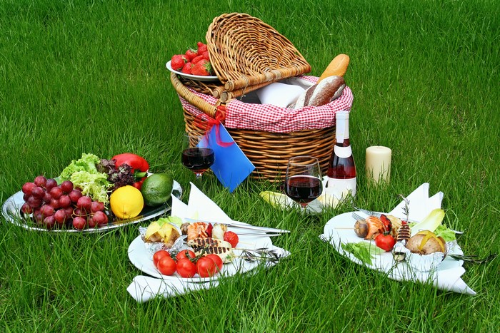 Picnic with Wine, Fruit, and Grilled Food on Grass