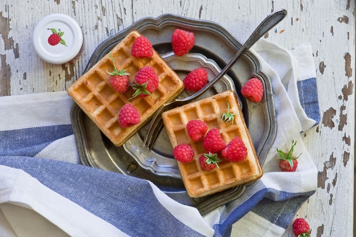 Waffles with Raspberries on a Plate