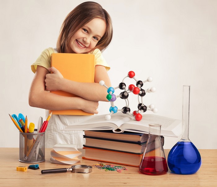 4K School Girl with Books and Science Model