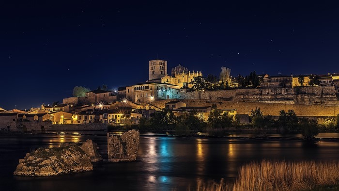 Zamora, Spain at Night with River and Old Buildings