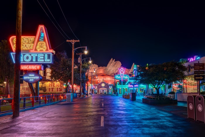 Cozy Cone Motel at night in Cars Land, Disneyland California