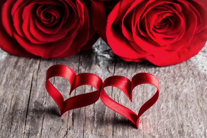 Two red hearts made of ribbon with red roses