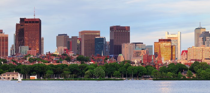 Boston skyline with sailboats on the water