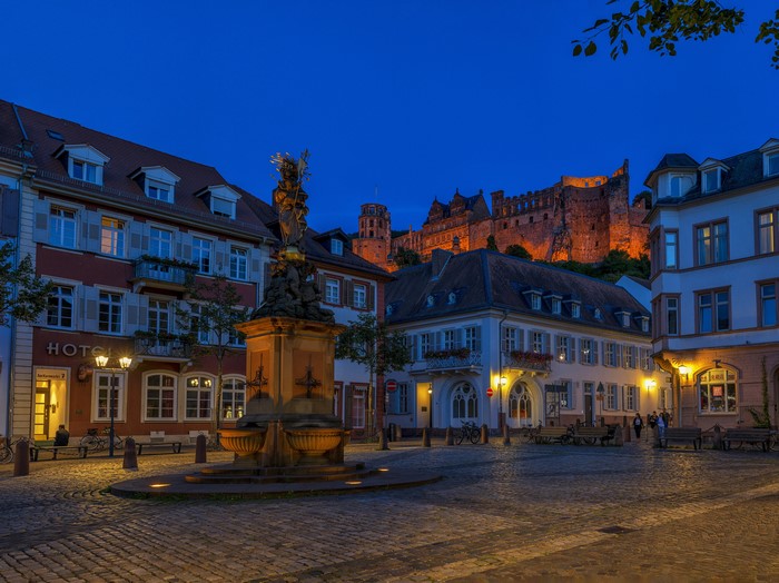 Heidelberg Castle and Market Square at Dusk