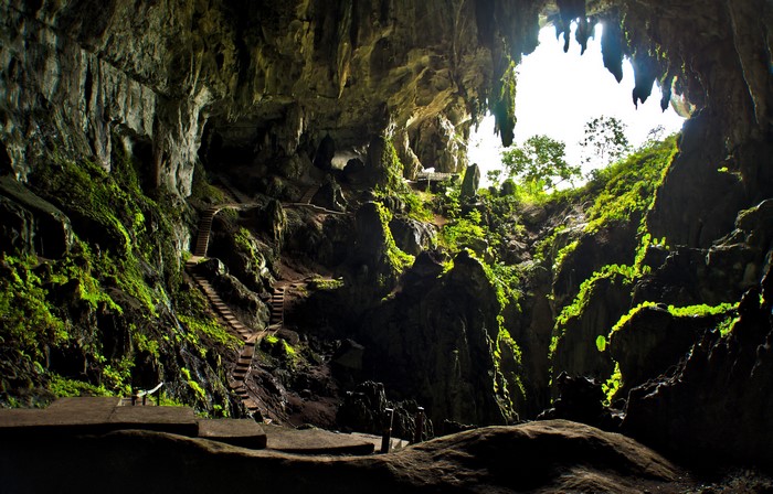 Cave interior with moss-covered walls and wooden stairs