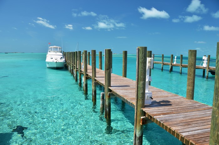 4K Bahamas Sea Marinas with Boat and Dock