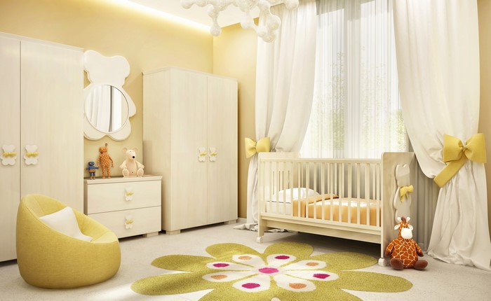 Children's room interior with crib and toys