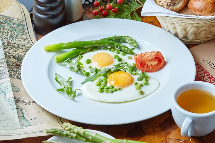 Fried eggs with asparagus and tea