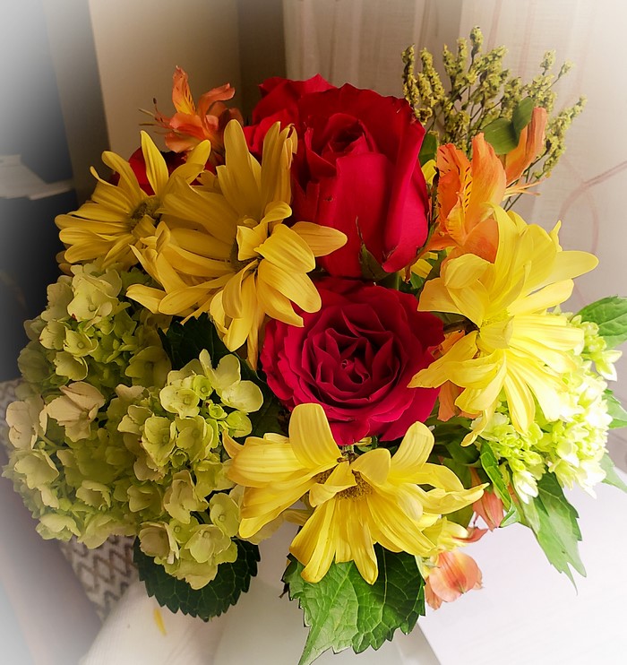 Bouquet of Red Roses, Yellow Chrysanthemums, and Hydrangeas