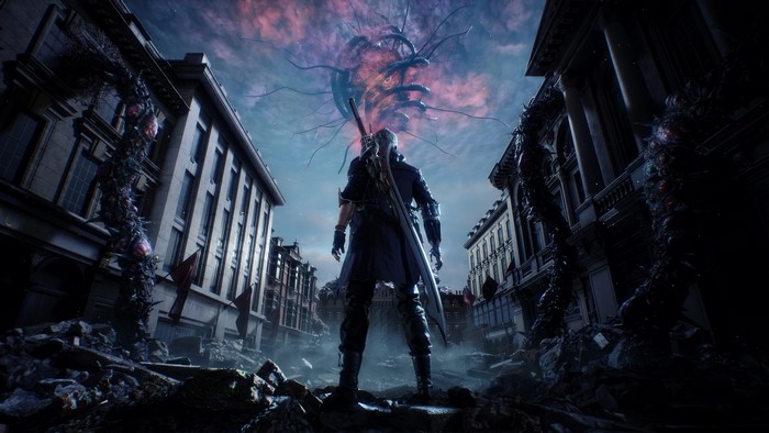 Dante from Devil May Cry 5 in a destroyed city