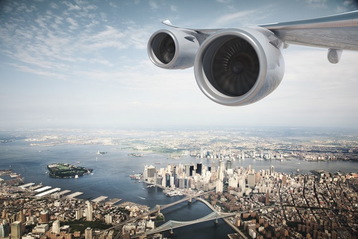 Airplane engines flying over New York City
