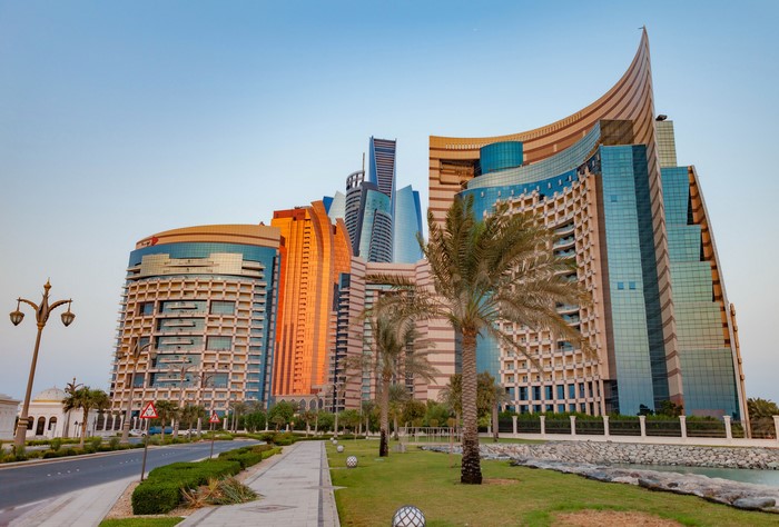 Modern skyscrapers and palm trees in Abu Dhabi, UAE