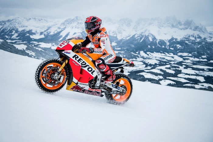 Motorcyclist on a Honda 2017 RC213V in snow