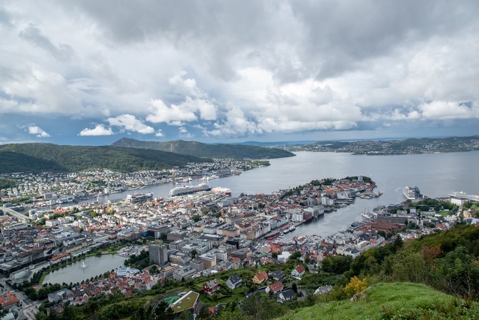 Bergen, Norway: Aerial View of City and Harbor