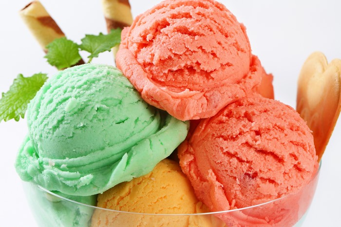 Multicolor ice cream scoops in a glass bowl