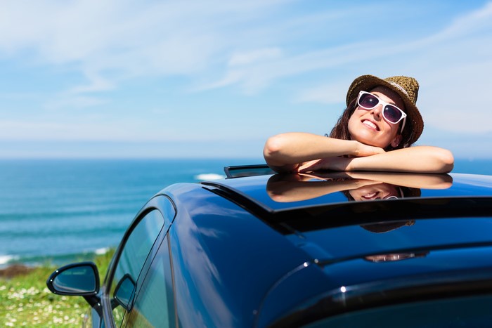 Woman in Hat and Sunglasses Leaning on Car Roof