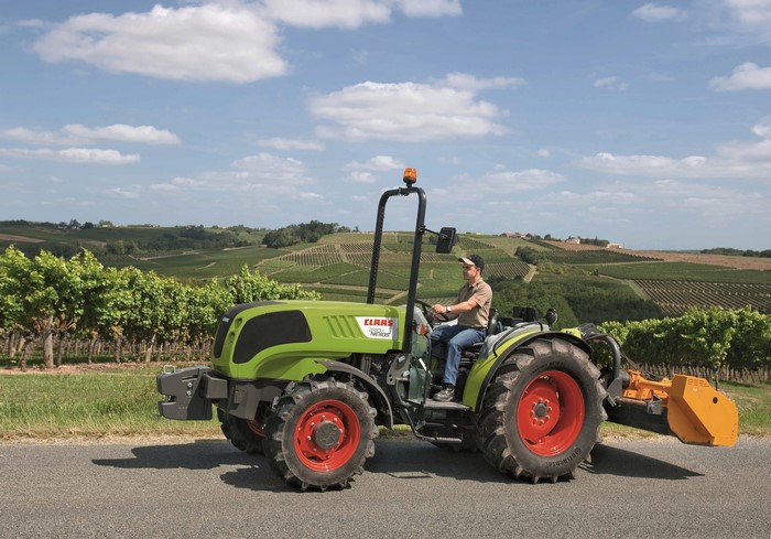 Claas Nexos 240 F tractor in vineyard